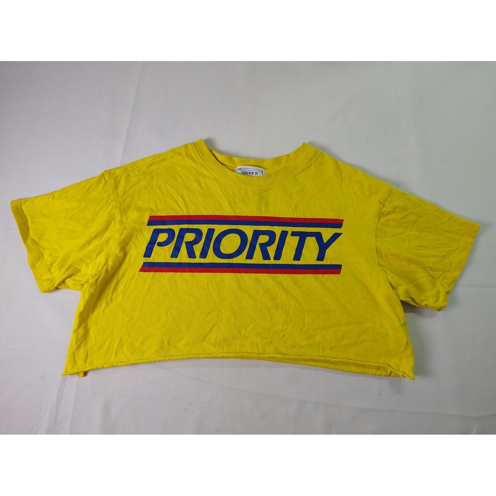 Forever 21 Postal Priority Mail Graphic Crop Top Yellow Women Size M Boxy Tee